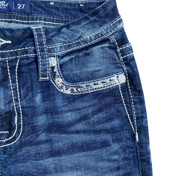 Miss Me Curvy Boot Denim Jeans Sz 27 Rhinestone Western Statement Mid-Rise - Picture 11 of 16